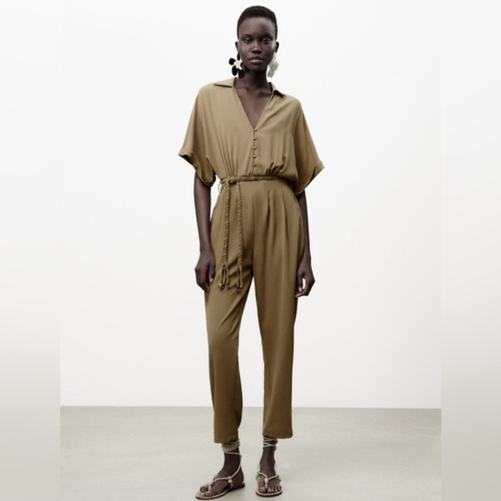 Zara Belted Jumpsuit Long in Khaki